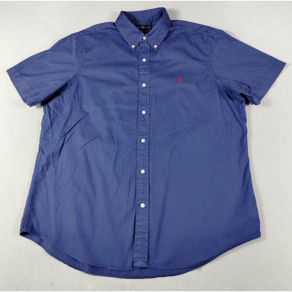 Ralph Lauren Shirt Mens XL Blue Feather Weight Twill Short Sleeve Button Down